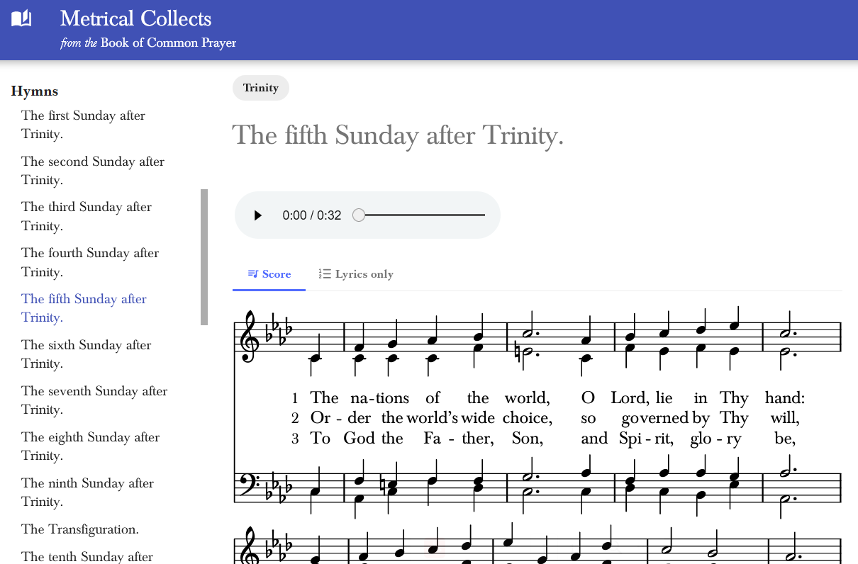 Screenshot of hymn interface